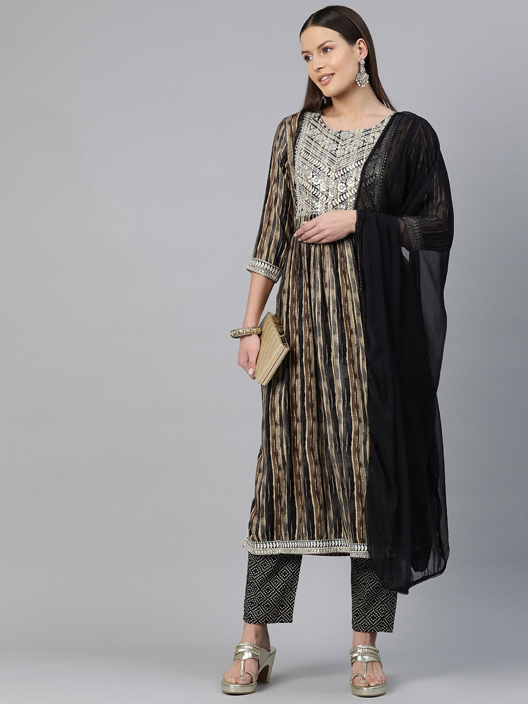 A-Line Style Rayon Fabric Black Color Embroidered & Printed Kurti With Palazzo And Dupatta