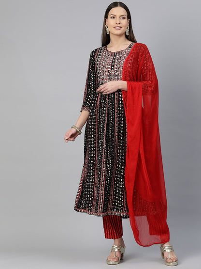 A-Line Style Rayon Fabric Red Color Embroidered & Printed Kurti With Palazzo And Dupatta