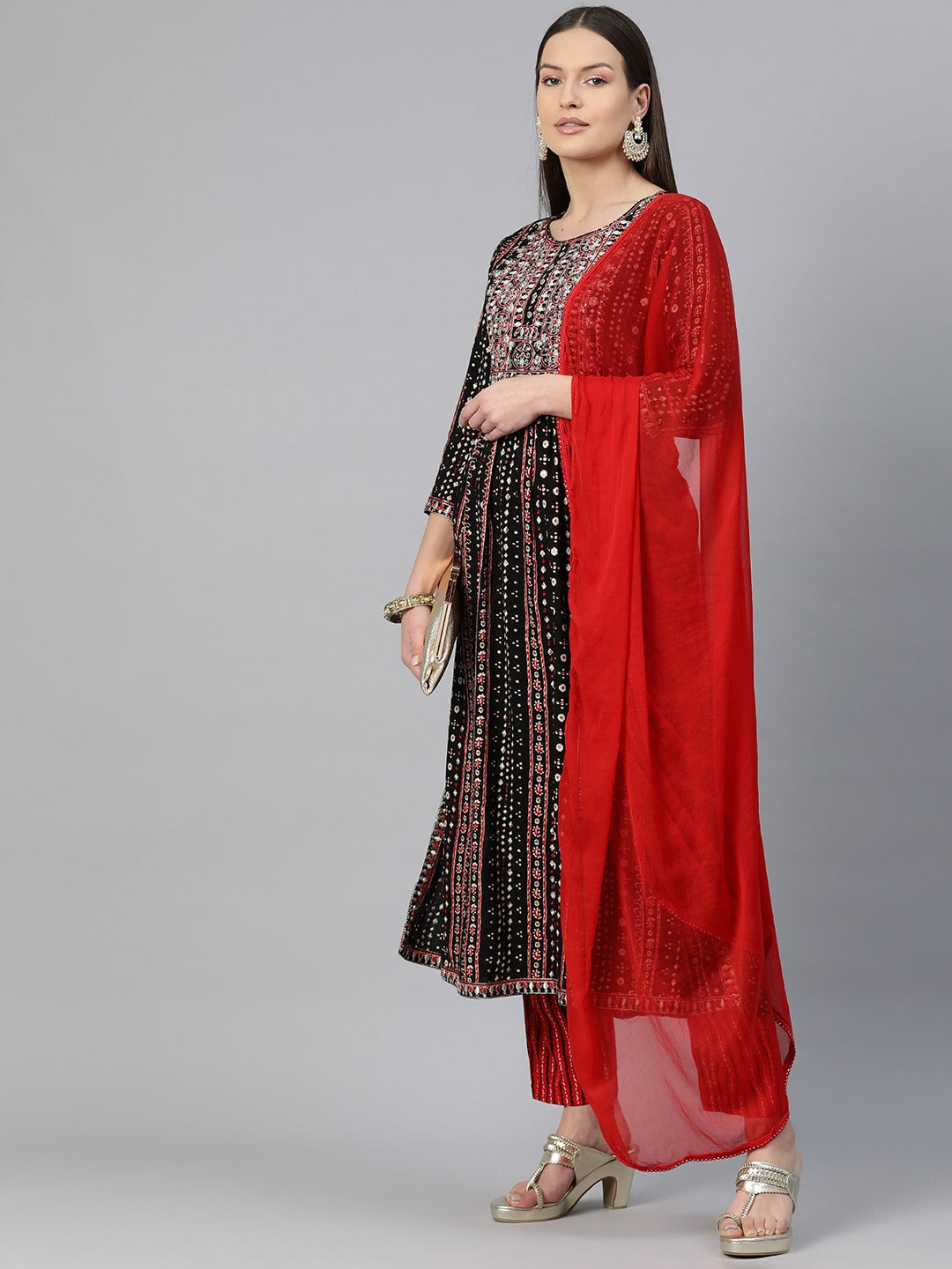 A-Line Style Rayon Fabric Red Color Embroidered & Printed Kurti With Palazzo And Dupatta