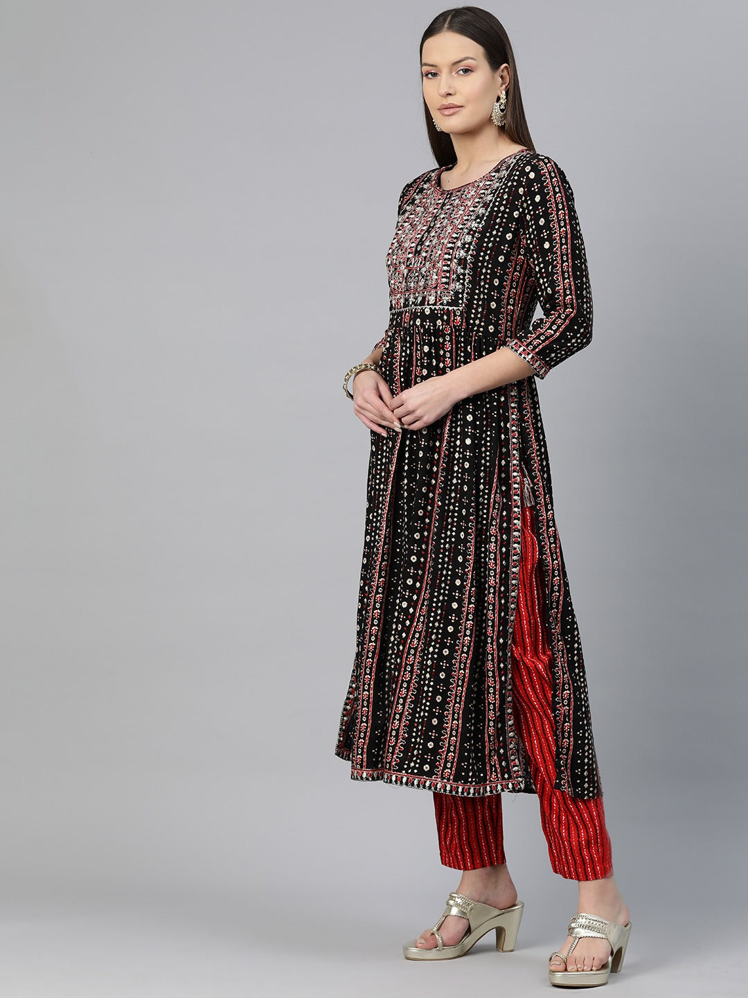 A-Line Style Rayon Fabric Red Color Embroidered & Printed Kurti With Palazzo And Dupatta