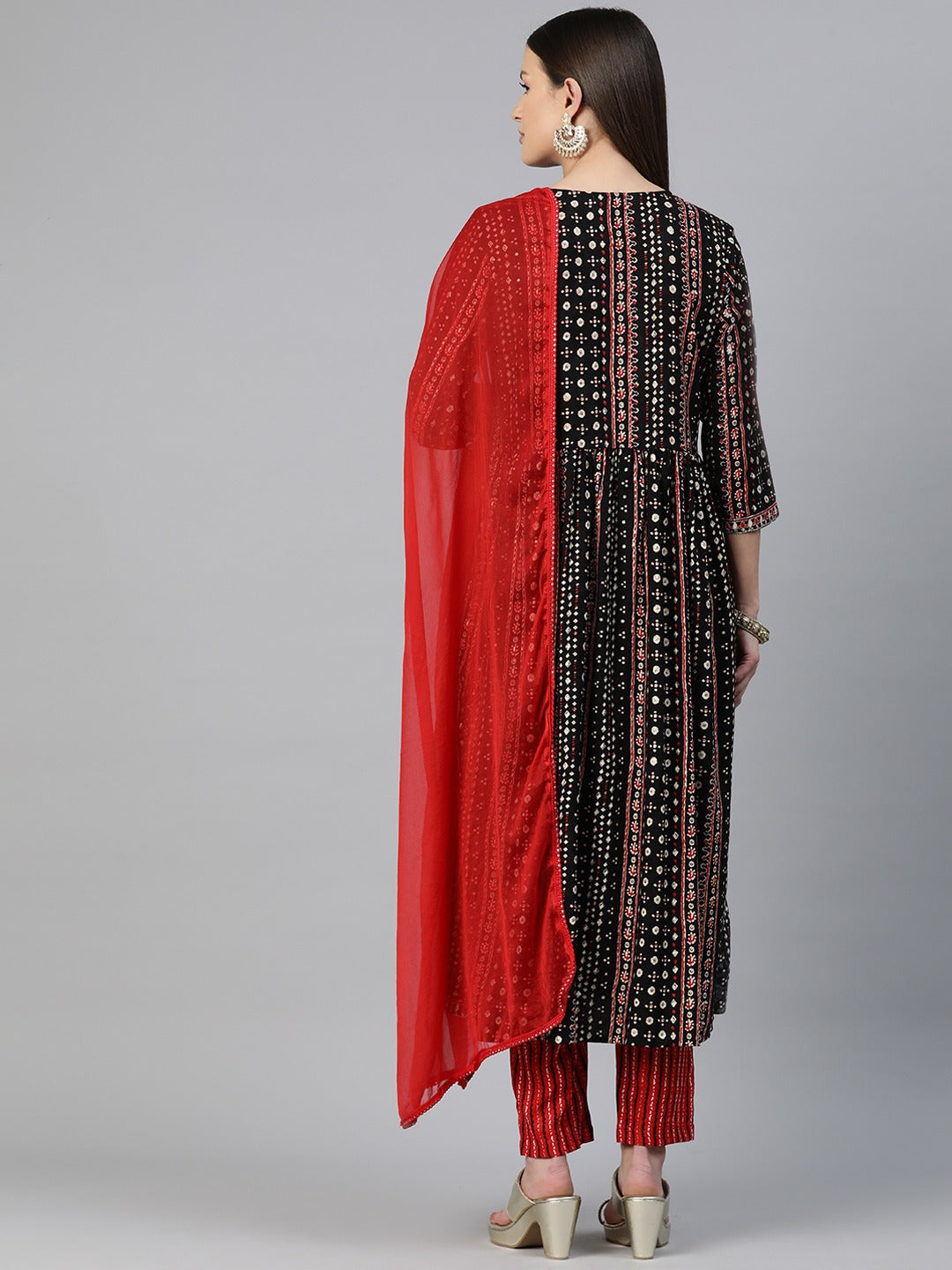 A-Line Style Rayon Fabric Red Color Embroidered & Printed Kurti With Palazzo And Dupatta