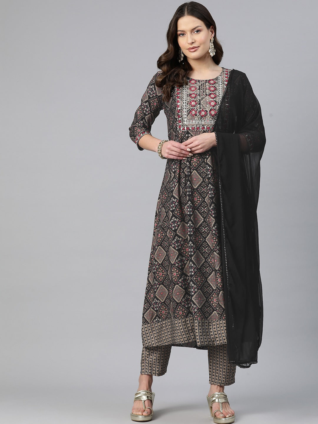 Anarkali Style Chanderi Silk Fabric Black Color Embroidered & Printed Kurti With Palazzo And Dupatta