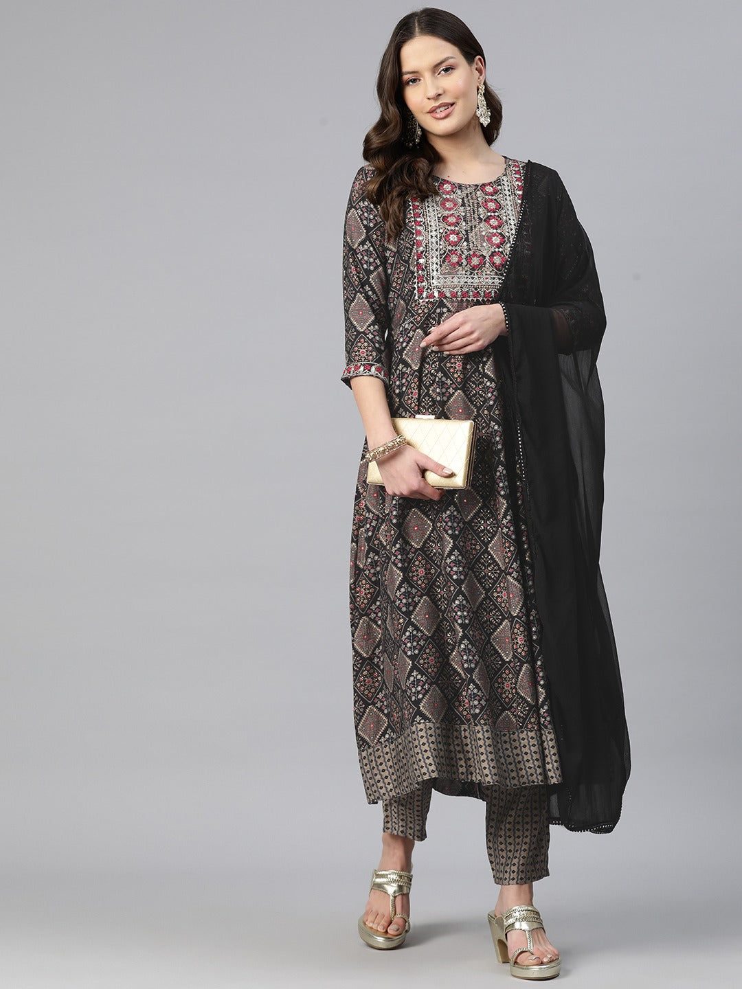 Anarkali Style Chanderi Silk Fabric Black Color Embroidered & Printed Kurti With Palazzo And Dupatta