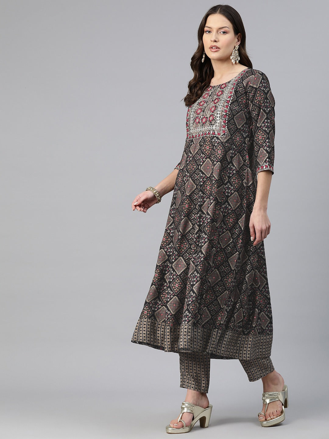 Anarkali Style Chanderi Silk Fabric Black Color Embroidered & Printed Kurti With Palazzo And Dupatta