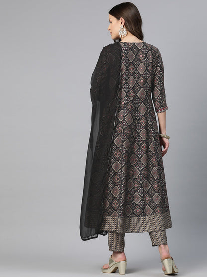 Anarkali Style Chanderi Silk Fabric Black Color Embroidered & Printed Kurti With Palazzo And Dupatta