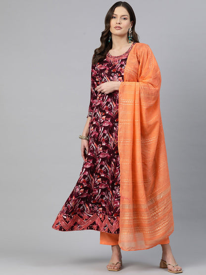 Anarkali Style Rayon Fabric Orange Color Embroidered & Printed Kurti With Palazzo And Dupatta