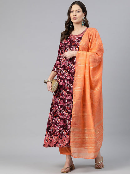 Anarkali Style Rayon Fabric Orange Color Embroidered & Printed Kurti With Palazzo And Dupatta