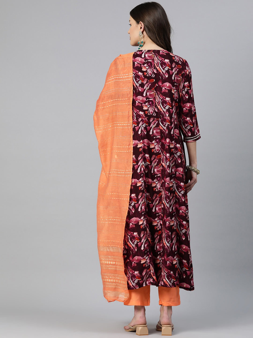 Anarkali Style Rayon Fabric Orange Color Embroidered & Printed Kurti With Palazzo And Dupatta