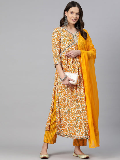 A-Line Style Rayon Fabric Mustard Color Embroidered & Floral Printed Kurti With Palazzo And Dupatta