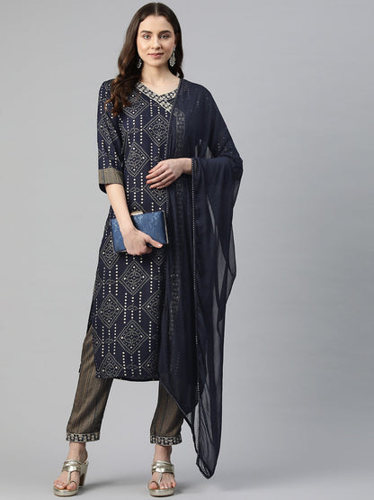 Straight Style Rayon Fabric Blue Color Zari & Bandhej Printed Kurti With Palazzo And Dupatta