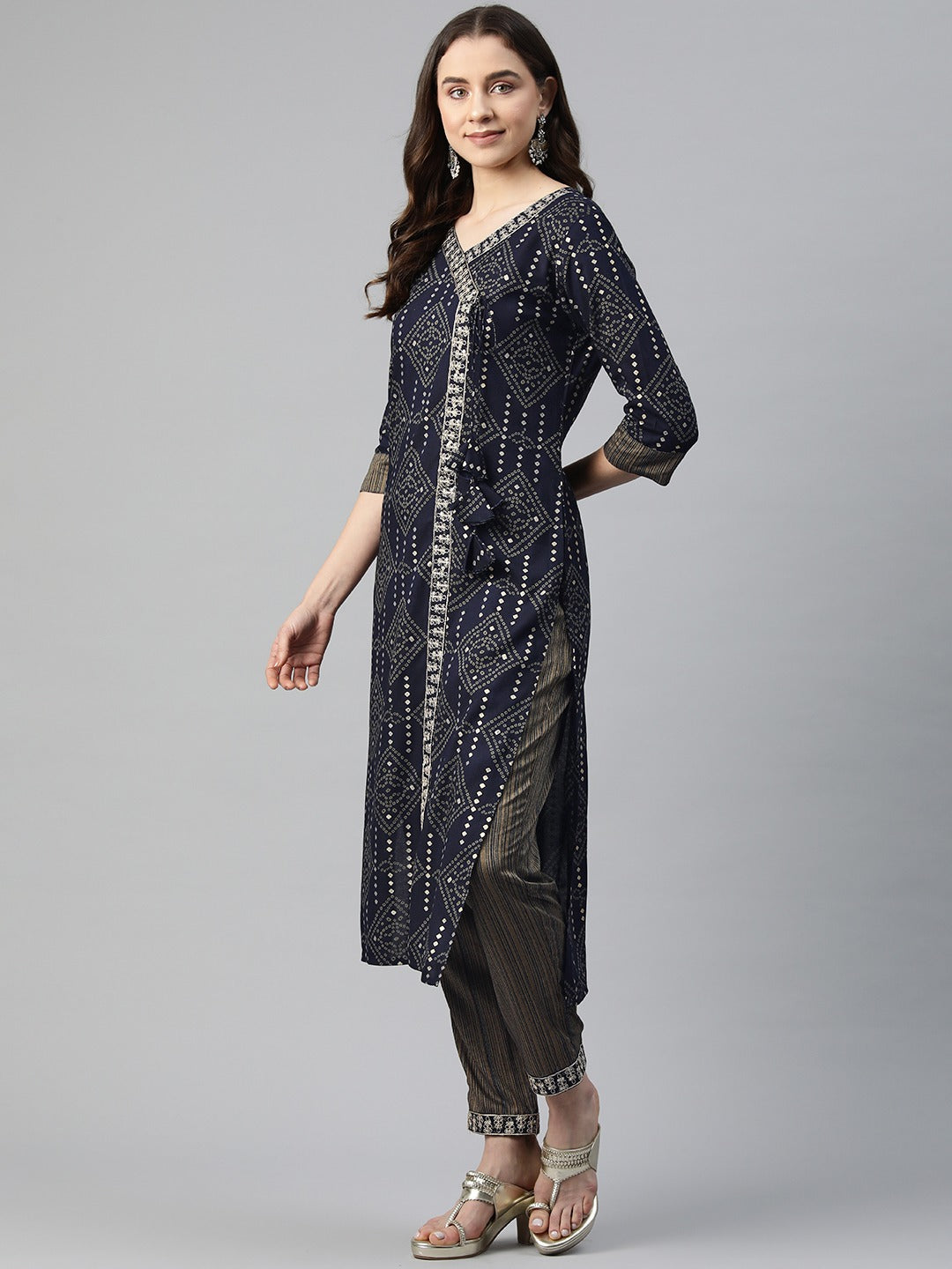 Straight Style Rayon Fabric Blue Color Zari & Bandhej Printed Kurti With Palazzo And Dupatta