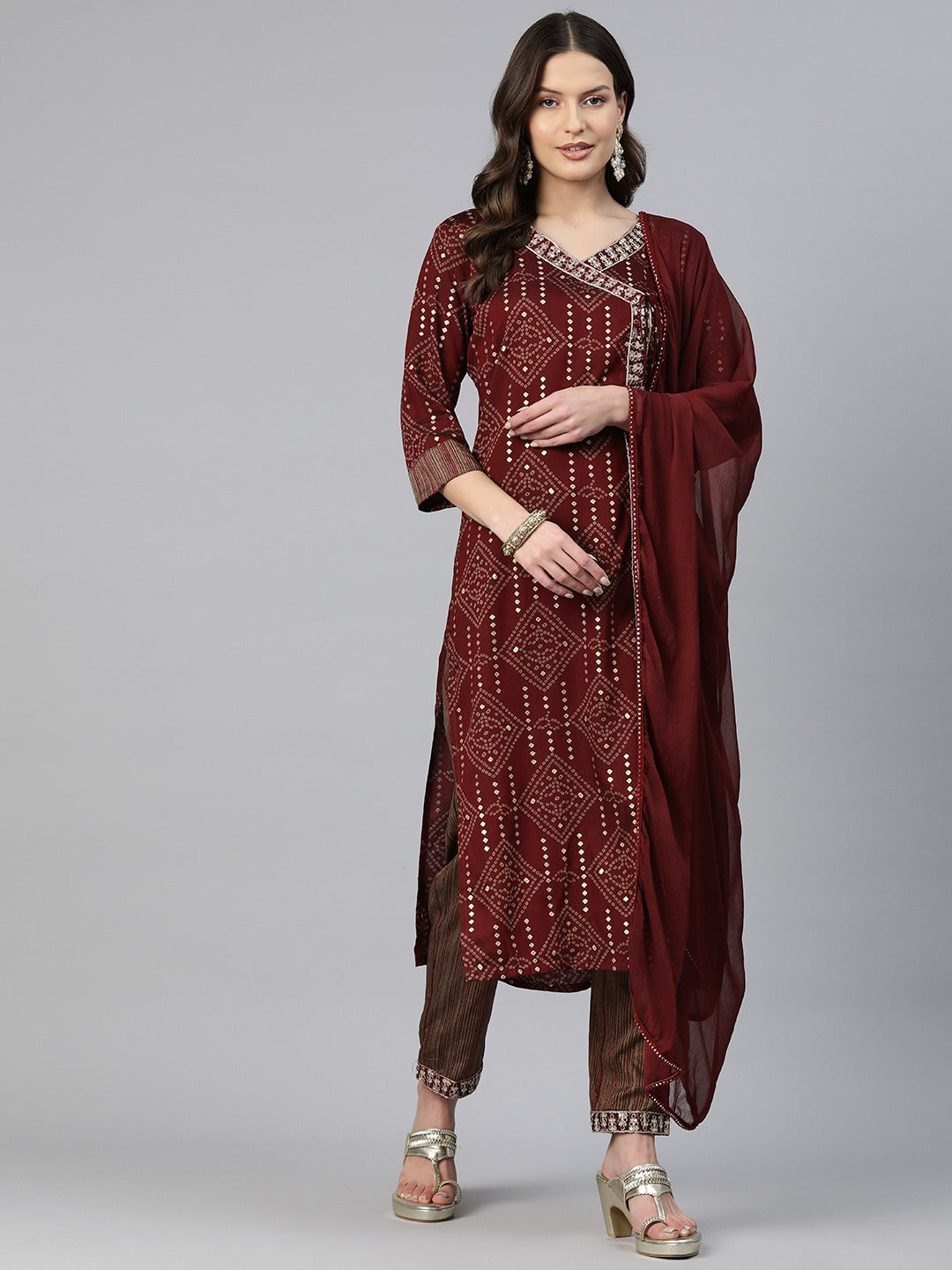 Straight Style Rayon Fabric Maroon Color Zari & Bandhej Printed Kurti With Palazzo And Dupatta