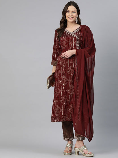 Straight Style Rayon Fabric Maroon Color Zari & Bandhej Printed Kurti With Palazzo And Dupatta