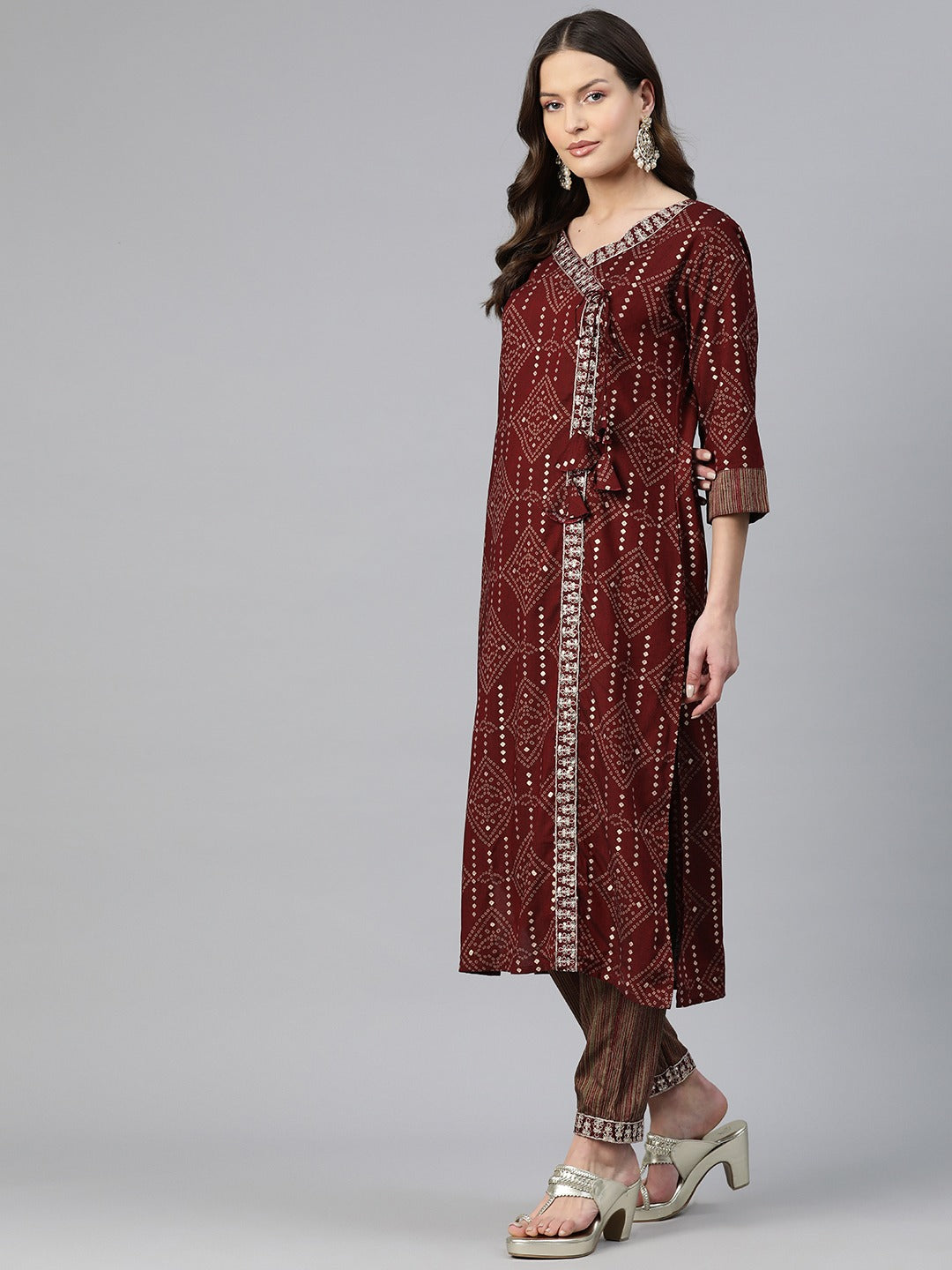 Straight Style Rayon Fabric Maroon Color Zari & Bandhej Printed Kurti With Palazzo And Dupatta