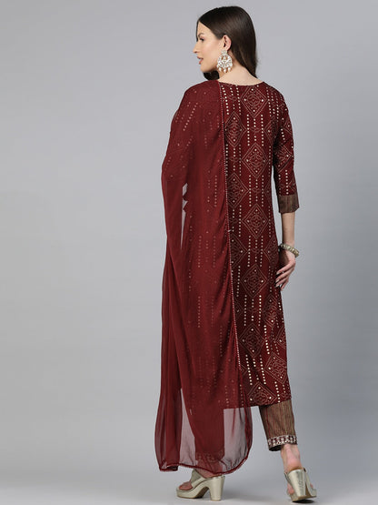 Straight Style Rayon Fabric Maroon Color Zari & Bandhej Printed Kurti With Palazzo And Dupatta