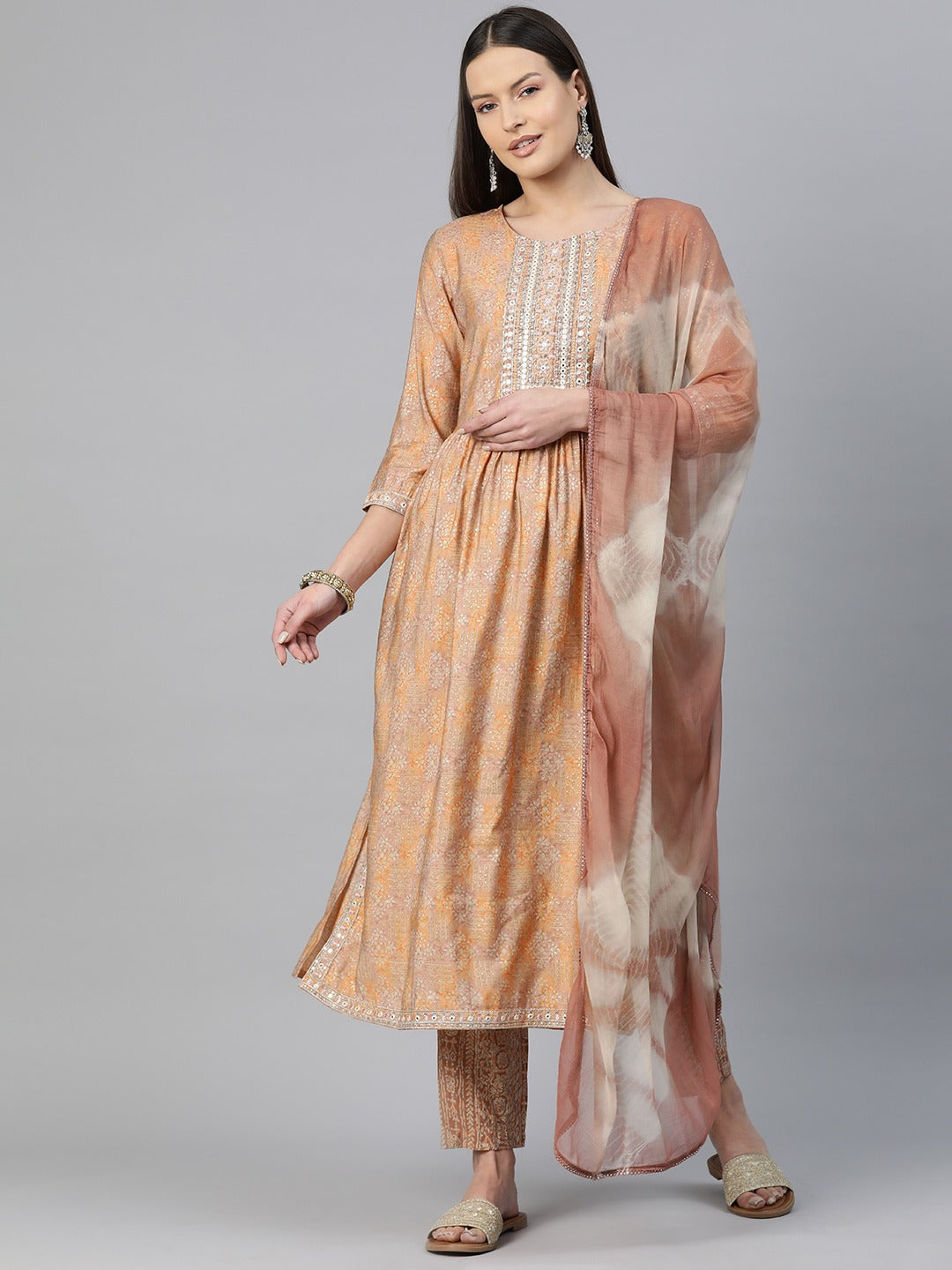 A-Line Style Chanderi Silk Fabric Brown Color Embroidered & Printed Kurti With Palazzo And Dupatta