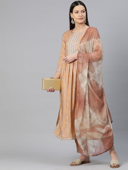 A-Line Style Chanderi Silk Fabric Brown Color Embroidered & Printed Kurti With Palazzo And Dupatta