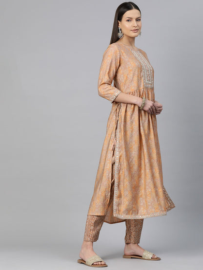 A-Line Style Chanderi Silk Fabric Brown Color Embroidered & Printed Kurti With Palazzo And Dupatta