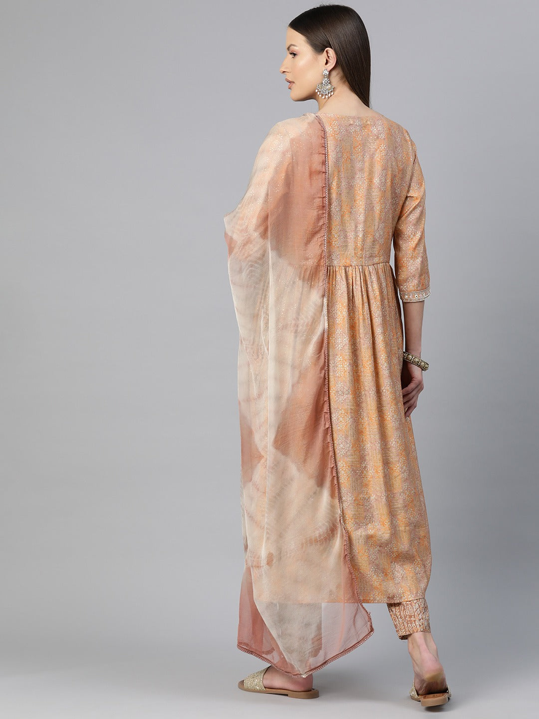 A-Line Style Chanderi Silk Fabric Brown Color Embroidered & Printed Kurti With Palazzo And Dupatta