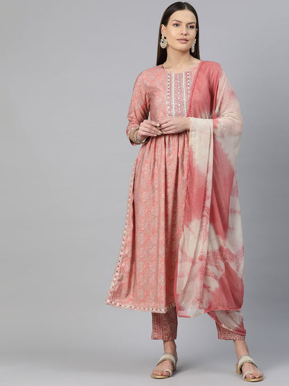 A-Line Style Chanderi Silk Fabric Peach Color Embroidered & Printed Kurti With Palazzo And Dupatta