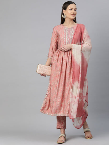 A-Line Style Chanderi Silk Fabric Peach Color Embroidered & Printed Kurti With Palazzo And Dupatta