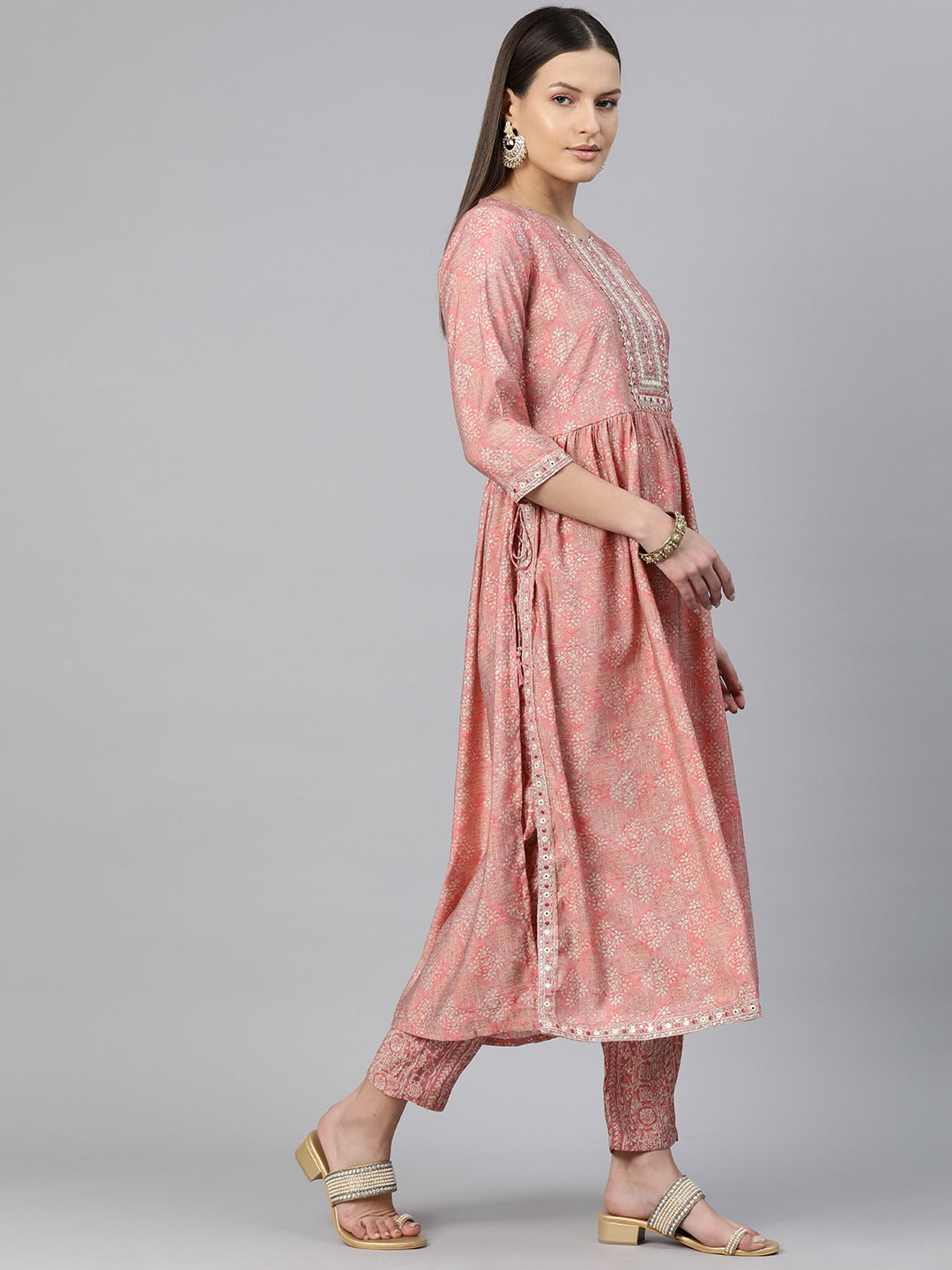 A-Line Style Chanderi Silk Fabric Peach Color Embroidered & Printed Kurti With Palazzo And Dupatta