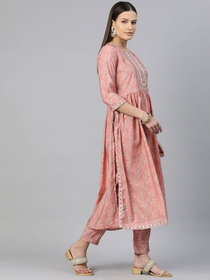 A-Line Style Chanderi Silk Fabric Peach Color Embroidered & Printed Kurti With Palazzo And Dupatta