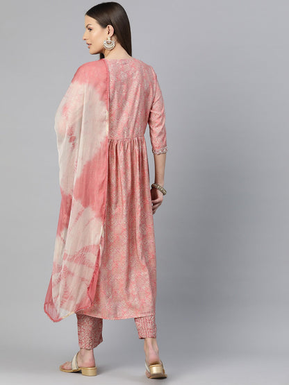 A-Line Style Chanderi Silk Fabric Peach Color Embroidered & Printed Kurti With Palazzo And Dupatta