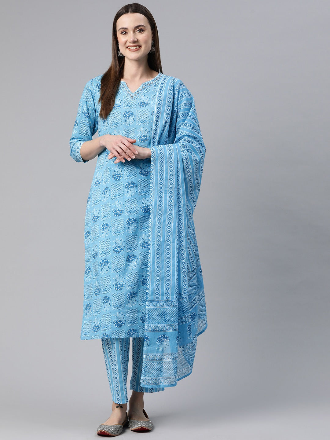 Straight Style Cotton Fabric Blue Color Floral Printed Kurti With Palazzo And Dupatta