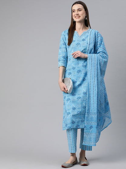 Straight Style Cotton Fabric Blue Color Floral Printed Kurti With Palazzo And Dupatta