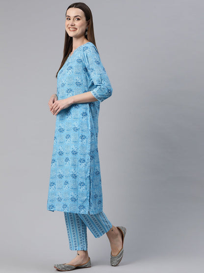 Straight Style Cotton Fabric Blue Color Floral Printed Kurti With Palazzo And Dupatta