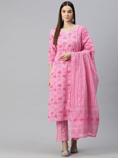 Straight Style Cotton Fabric Pink Color Floral Printed Kurti With Palazzo And Dupatta