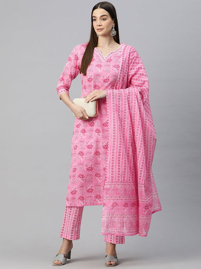 Straight Style Cotton Fabric Pink Color Floral Printed Kurti With Palazzo And Dupatta