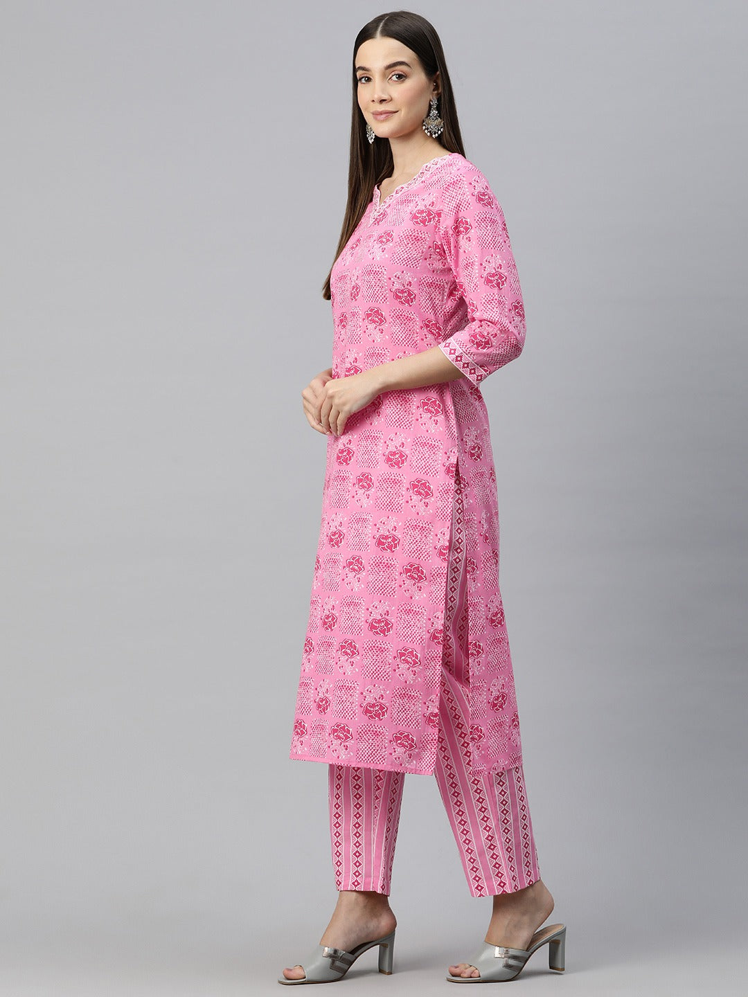 Straight Style Cotton Fabric Pink Color Floral Printed Kurti With Palazzo And Dupatta