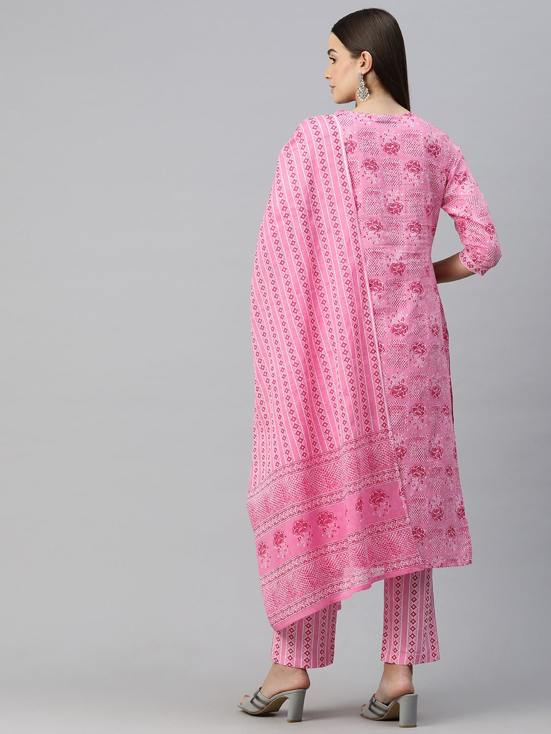 Straight Style Cotton Fabric Pink Color Floral Printed Kurti With Palazzo And Dupatta