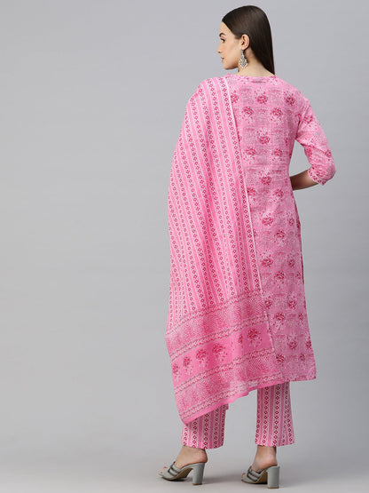 Straight Style Cotton Fabric Pink Color Floral Printed Kurti With Palazzo And Dupatta