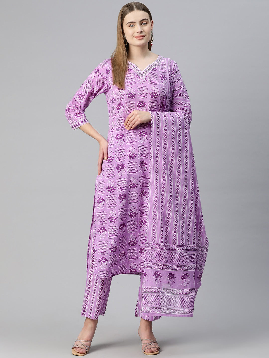 Straight Style Cotton Fabric Violet Color Floral Printed Kurti With Palazzo And Dupatta