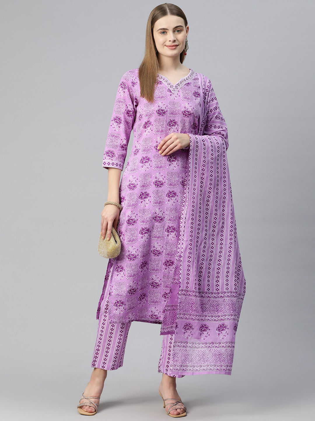 Straight Style Cotton Fabric Violet Color Floral Printed Kurti With Palazzo And Dupatta