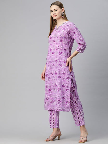 Straight Style Cotton Fabric Violet Color Floral Printed Kurti With Palazzo And Dupatta