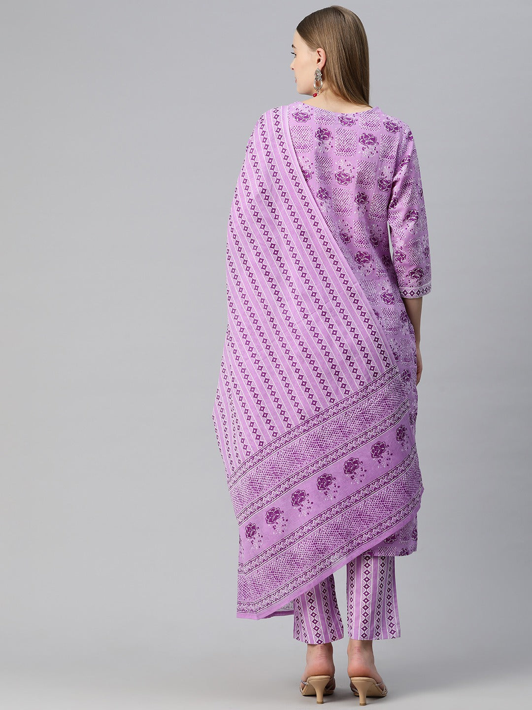 Straight Style Cotton Fabric Violet Color Floral Printed Kurti With Palazzo And Dupatta