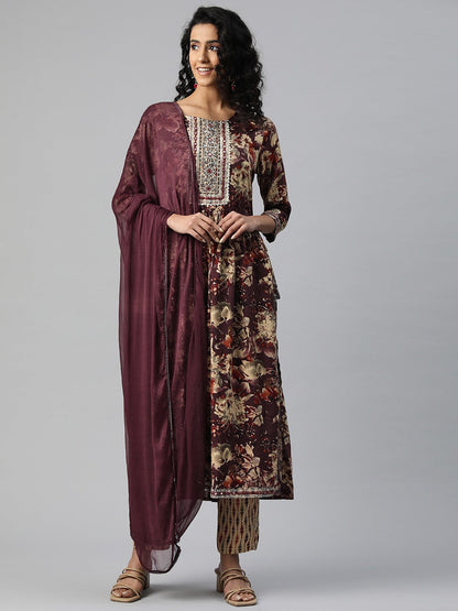 A Line Style Rayon Fabric Purple Color Embroidered & Printed Kurti With Palazzo And Dupatta