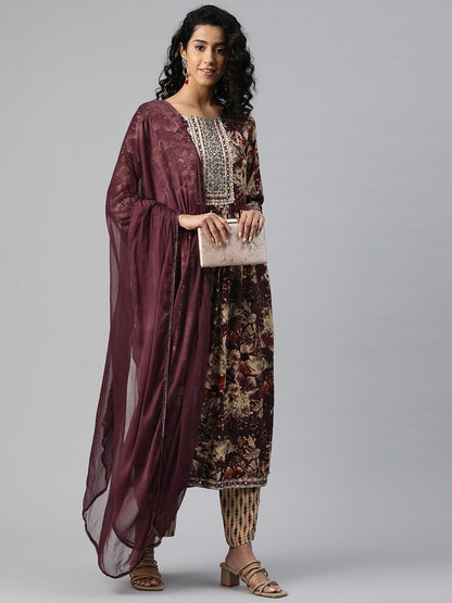 A Line Style Rayon Fabric Purple Color Embroidered & Printed Kurti With Palazzo And Dupatta