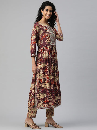 A Line Style Rayon Fabric Purple Color Embroidered & Printed Kurti With Palazzo And Dupatta