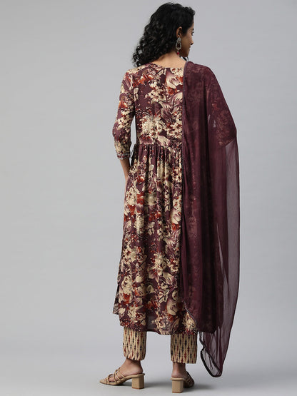 A Line Style Rayon Fabric Purple Color Embroidered & Printed Kurti With Palazzo And Dupatta