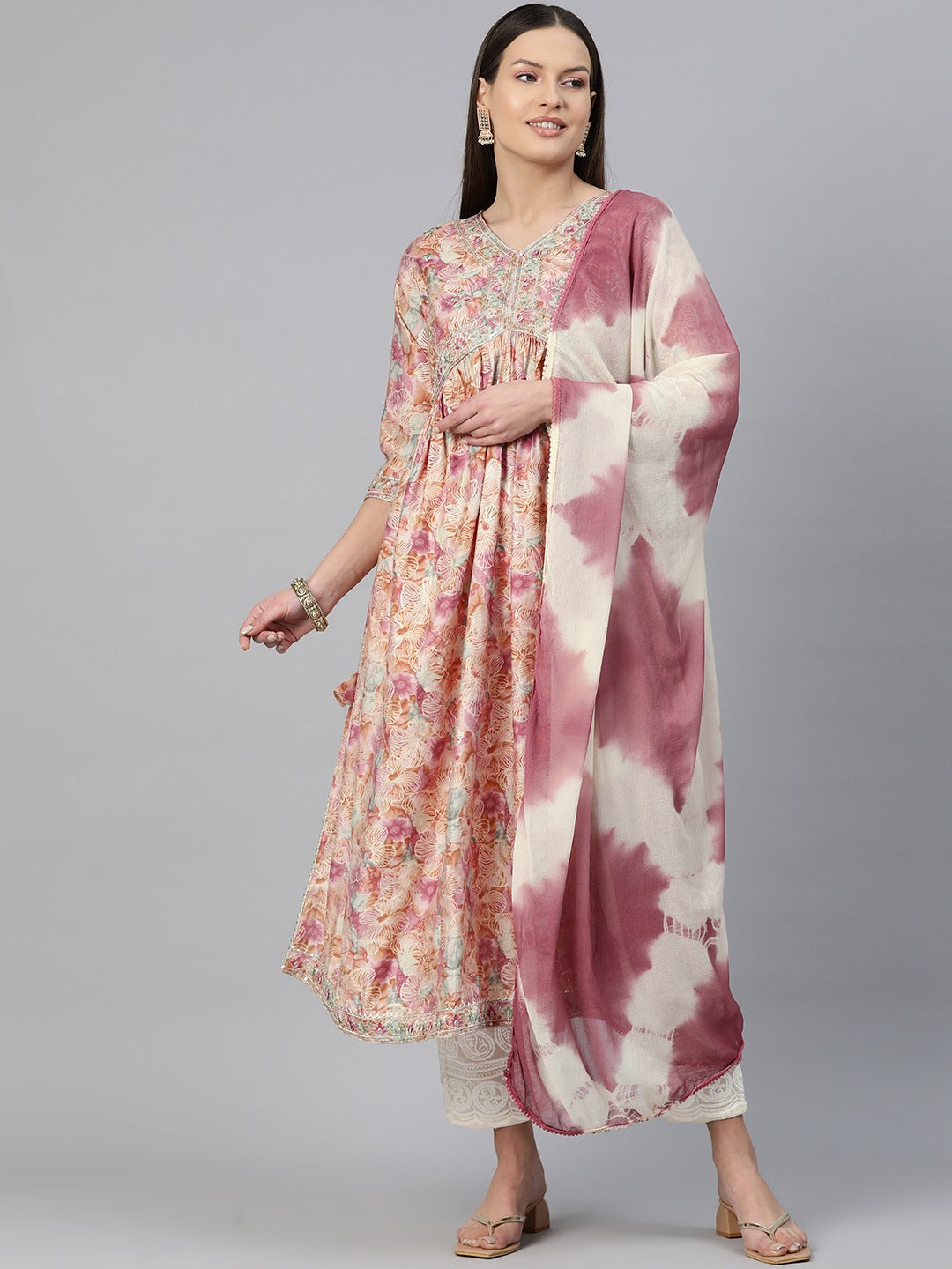 A Line Style Chanderi Silk Fabric Peach Color Floral Printed & Embroidered Kurti With Palazzo And Dupatta