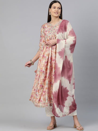 A Line Style Chanderi Silk Fabric Peach Color Floral Printed & Embroidered Kurti With Palazzo And Dupatta