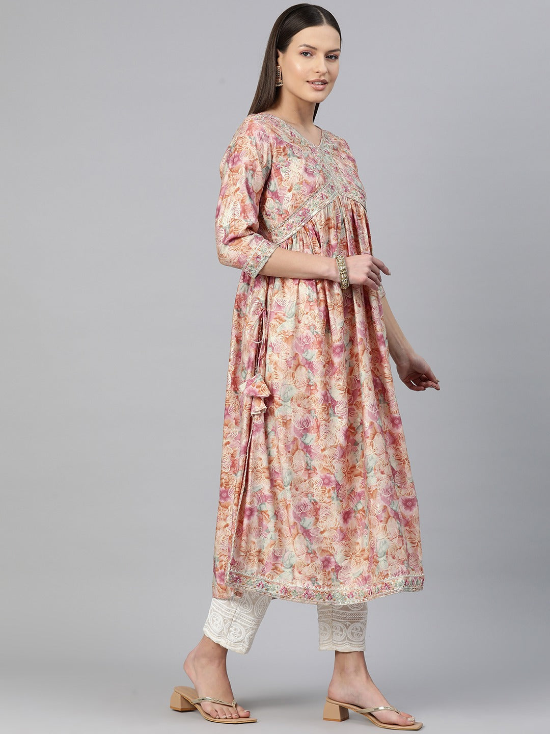 A Line Style Chanderi Silk Fabric Peach Color Floral Printed & Embroidered Kurti With Palazzo And Dupatta