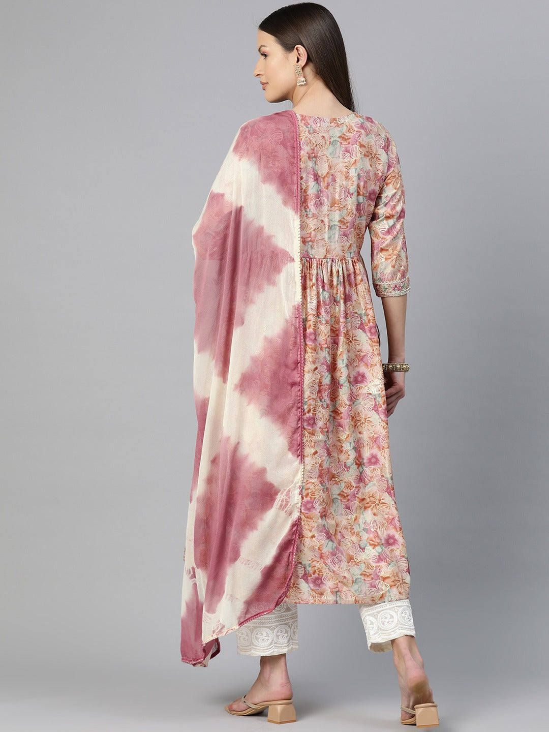 A Line Style Chanderi Silk Fabric Peach Color Floral Printed & Embroidered Kurti With Palazzo And Dupatta