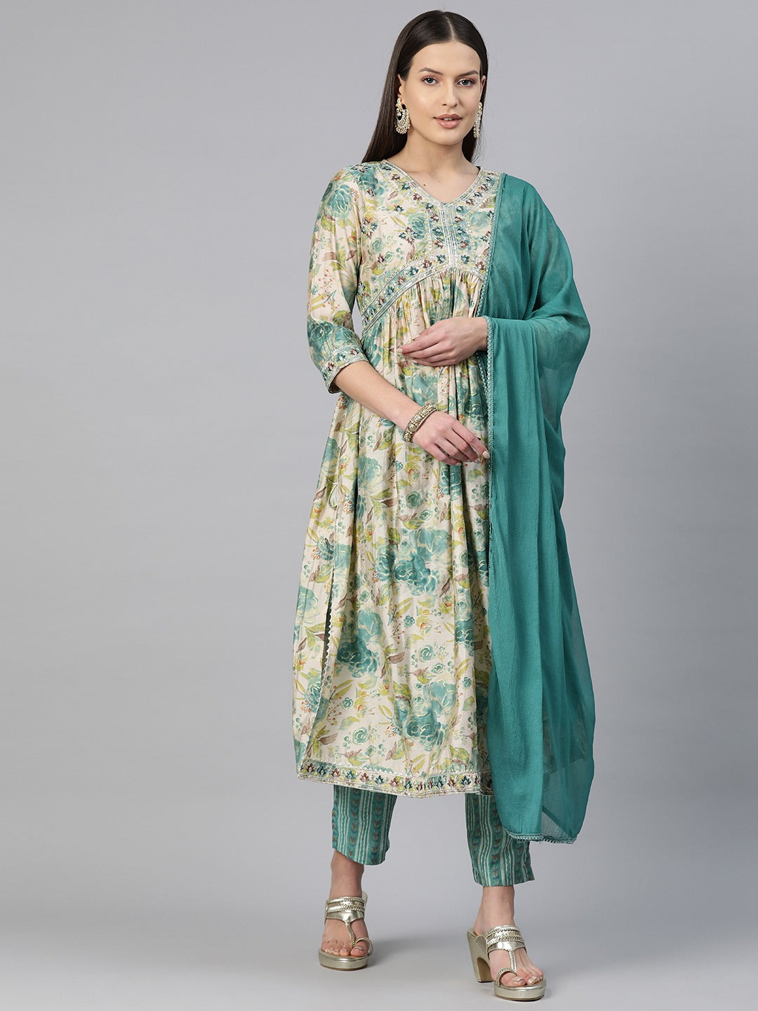 A Line Style Chanderi Silk Fabric Blue Color Floral Printed & Embroidered Kurti With Palazzo And Dupatta