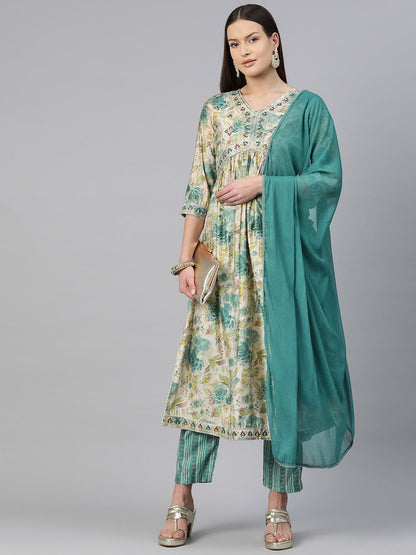 A Line Style Chanderi Silk Fabric Blue Color Floral Printed & Embroidered Kurti With Palazzo And Dupatta